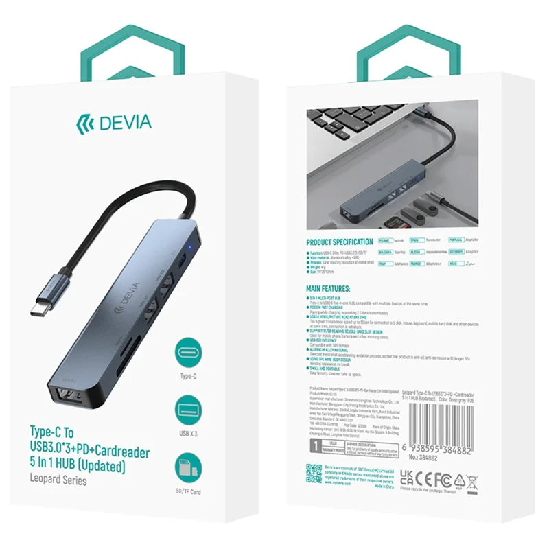 🔌 DEVIA EC136 Leopard 5-en-1 Hub USB-C – PD 100W + USB 3.0 + USB 2.0 + HDMI 4K+ Lector de tarjetas