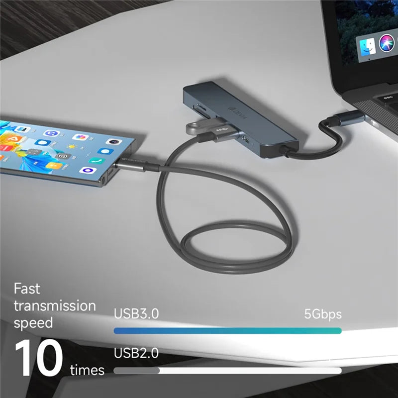 🔌 DEVIA EC136 Leopard 5-en-1 Hub USB-C – PD 100W + USB 3.0 + USB 2.0 + HDMI 4K+ Lector de tarjetas