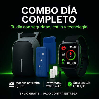 Combo Mochila Antirrobo + Powerbank 12000 mAh + Smartwatch D20