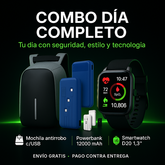 Combo Mochila Antirrobo + Powerbank 12000 mAh + Smartwatch D20